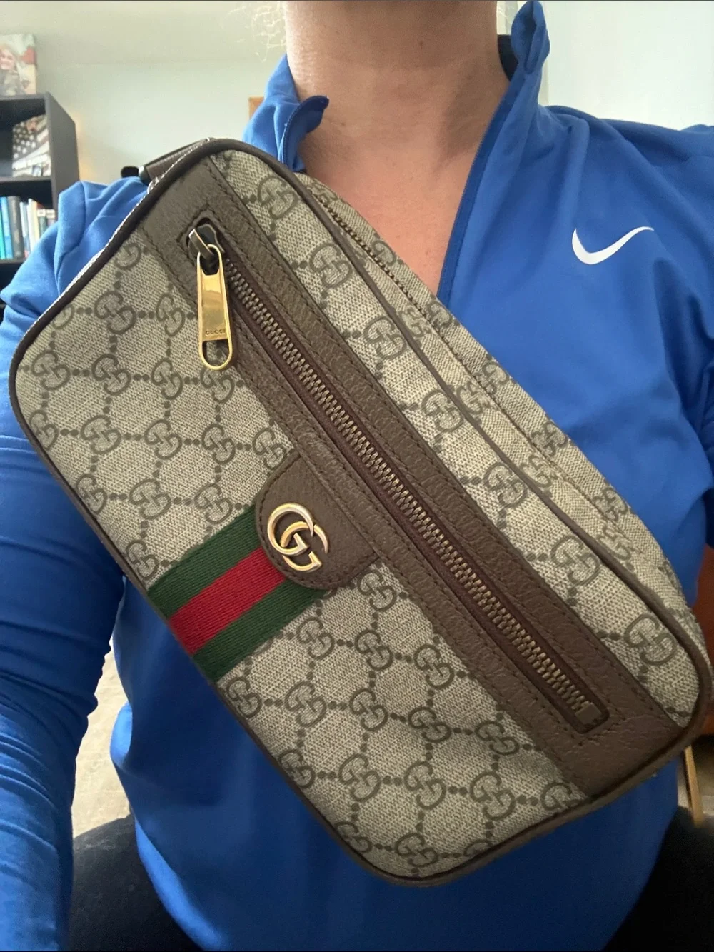 Unisex Gucci Beige GG Supreme Canvas Brown Leather Belt Bag with Green and Red